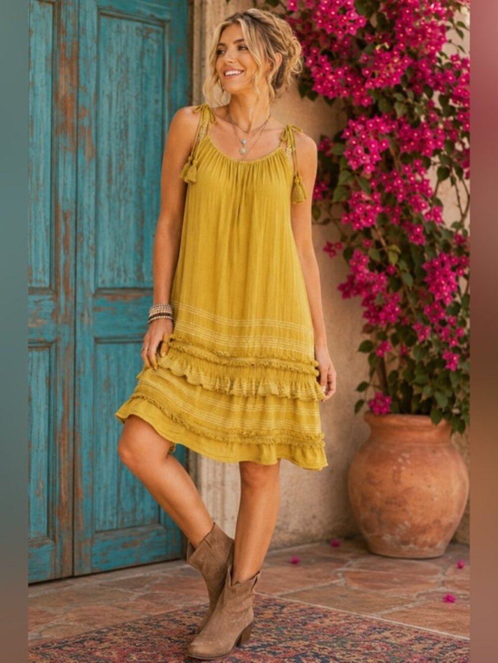 For The Republic Mustard Yellow Boho Tassel Dress Festival Cottagecore M
